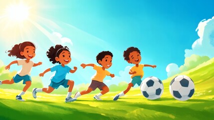 Four smiling children playing soccer in sunny outdoor field