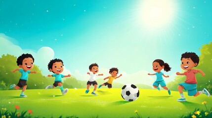 Animated group of children playing soccer on a sunny day