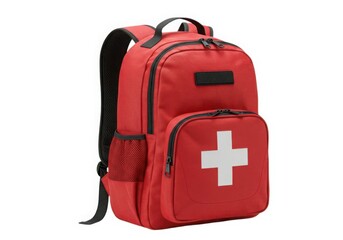 Red first aid backpack isolated on white background