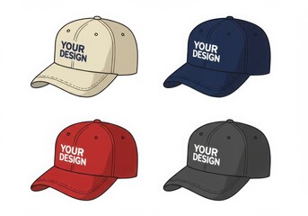 Four caps with design isolated on white background