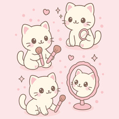 Kawaii Fashion Cats – Stylish Cartoon Cat Vector Set with Mirror and Makeup
