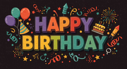 Festive Happy Birthday Celebration with Colorful Balloons, Confetti, Cake