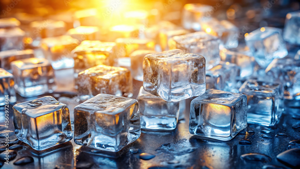 Poster a close up shot of many ice cubes on a wet surface with a warm light shining on them in the backgrou