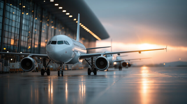 A fleet of aircraft is parked on the taxiway of the international airport runway. View of the terminal's panoramic window. Air freight background