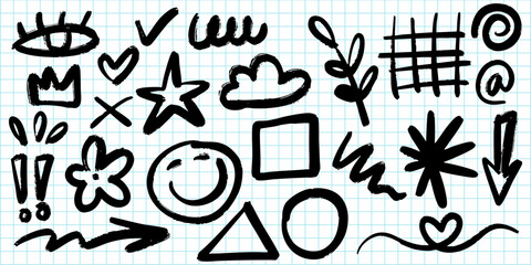 set of hand drawn doodle icons in black ink on squared grid paper. Includes sketch elements such as arrows, stars, hearts, shapes, exclamation marks, smiley face, clouds, flowers, and abstract symbols