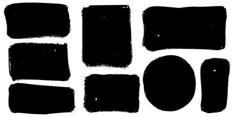 Collection of hand-drawn black paint brush stroke shapes in various forms including rectangles, circles, and squares. 