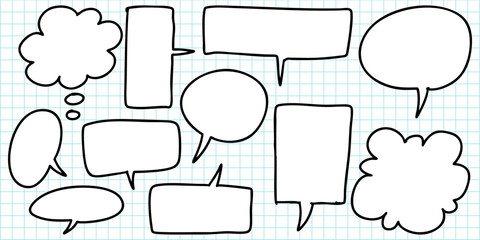 Hand Drawn Comic Speech Bubbles on Graph Paper Background.