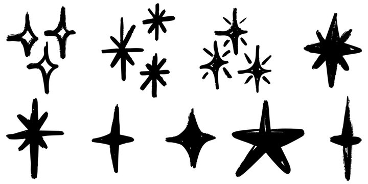 collection of hand drawn black star and sparkle doodles with rough brushstroke texture, arranged on a white background.