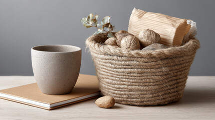 Calm zero waste still life for composting and cleanliness. Natural rustic organic items for simple minimalist life