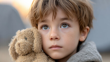 World refugee day highlights human rights and migration journey. lonely boy with sad face looks up with hope