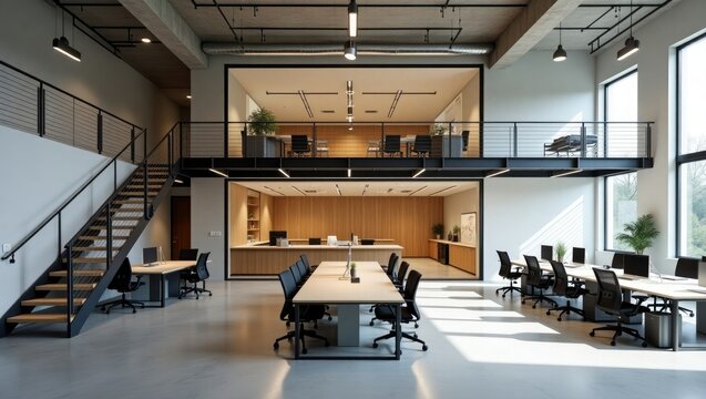 Modern open plan office space with industrial design elements including exposed concrete and metal staircase
