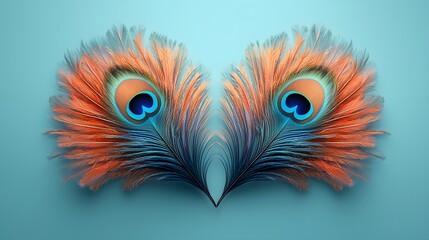 Obraz premium A visually striking and minimalist design featuring the intricate pattern of a peacock feather in vibrant orange and blue hues set against a serene mint green backdrop