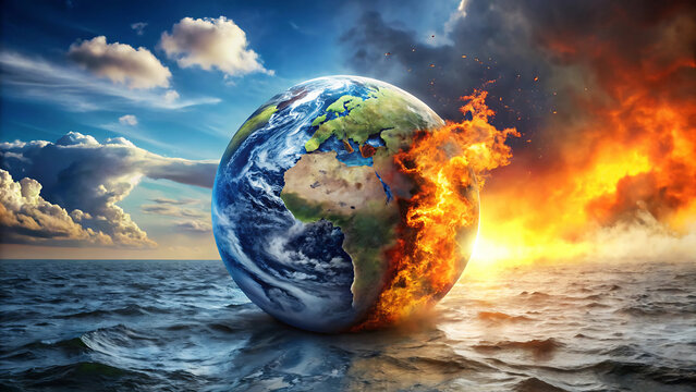 A burning earth globe in the ocean with a cloudy sky showing climate change and global warming issues - Powered by Adobe