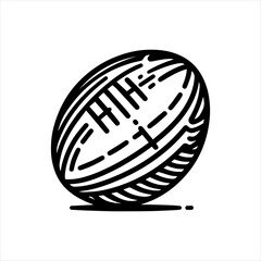 A stylized black and white illustration of a rugby ball.
