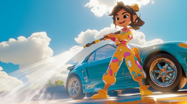 Fototapeta A cartoon person washing a car with water on a sunny day
