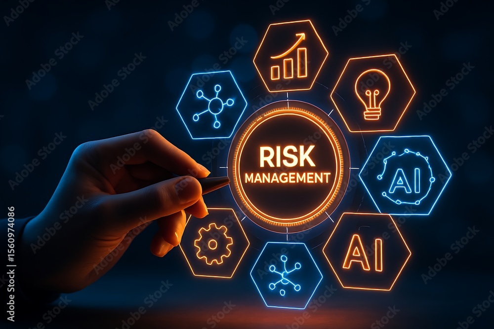 Poster human hand interacting with a digital interface displaying risk management concepts and icons for ai