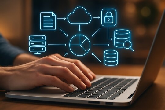 Person typing on a laptop with a glowing blue digital infographic displaying data flow cloud computing security and analytics