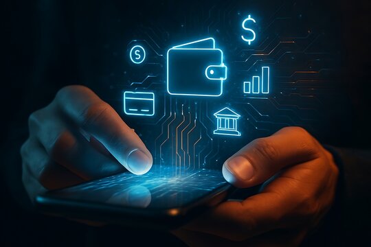 Close up of hands holding a smartphone with glowing neon financial icons and digital circuits symbolizing online banking and mobile payment technology