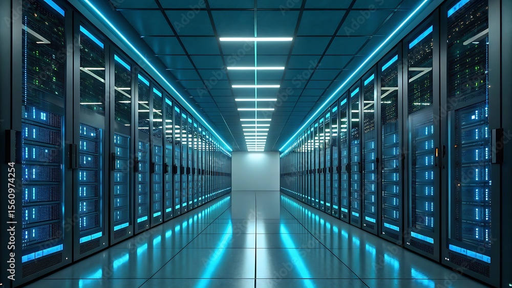 Aufkleber modern futuristic data center server room with rows of glowing blue server racks and bright overhead
