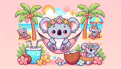 Cute Koalas Relaxing on the Beach in Pastel Tropical Scene