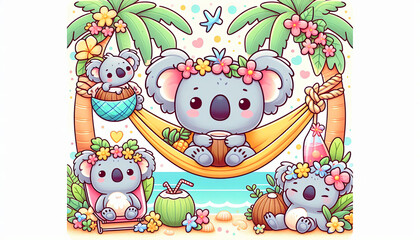 Naklejka premium Cute Koalas Relaxing on the Beach in Pastel Tropical Scene