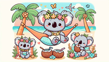 Obraz premium Cute Koalas Relaxing on the Beach in Pastel Tropical Scene