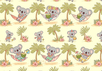 Obraz premium Cute Koalas Relaxing on the Beach in Pastel Tropical Scene