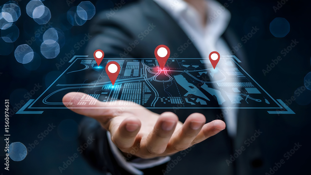 Aufkleber navigating future business destinations with map technology in hand for global reach and strategic a
