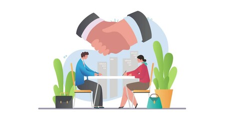 Teamwork and cooperation. Moving banner with male and female entrepreneurs or partners shaking hands, making deal or agreement. Collaboration for success. Flat graphic animated cartoon