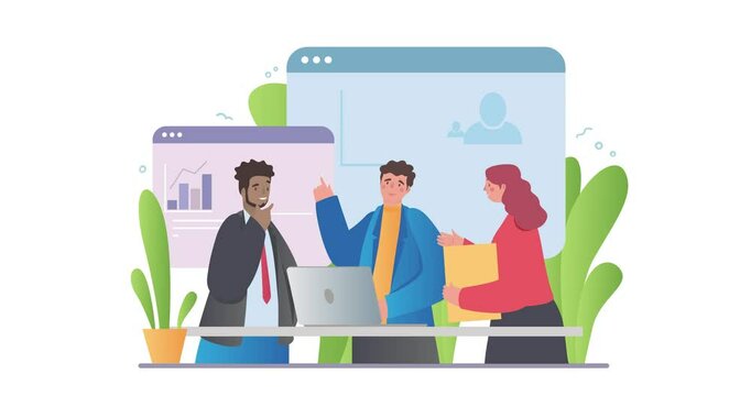 Teamwork and cooperation. Moving banner with group of office workers analyzing statistics, graphs and charts to achieve financial success. Partnership and collaboration. Flat graphic animated cartoon