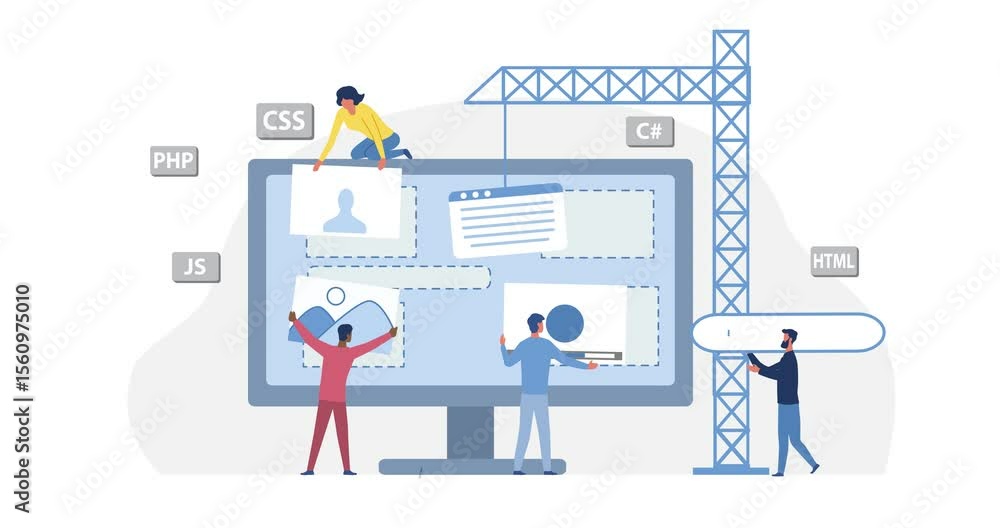 Poster people create website. moving banner with team of programmers or coders standing in front of compute