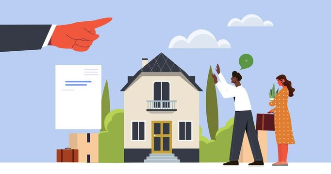 Young couple evicted from home. Moving banner with Businessman kicked family out of their apartment. Man and woman in difficult financial situations lose their home. Flat graphic animated cartoon