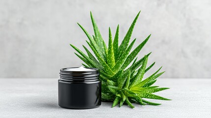 Black jar of aloe vera cream on a light gray surface with aloe vera plant.