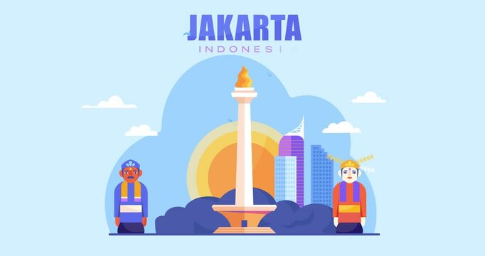 Travel Destination Poster. Moving banner with architectural landmarks and monuments of Indonesian city of Jakarta. Traditional Asian Culture. Tourism and journey. Flat graphic animated cartoon