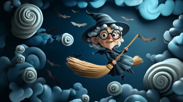 A Cheerful Witch Rides Her Broom Through a Cloudy Night Sky - Powered by Adobe