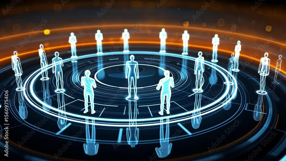 Aufkleber a luminescent circular arena where holographic figures engage in debates and discussions symbolizing