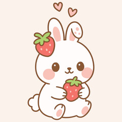 Adorable Bunny Holding Strawberries Vector – Cute Rabbit Fruit Cartoon Clipart for Kids
