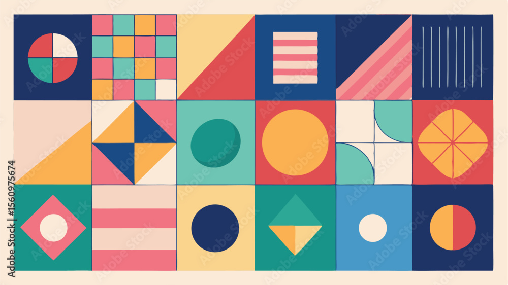 Poster colorful geometric abstract pattern with squares and various shapes and transparent background