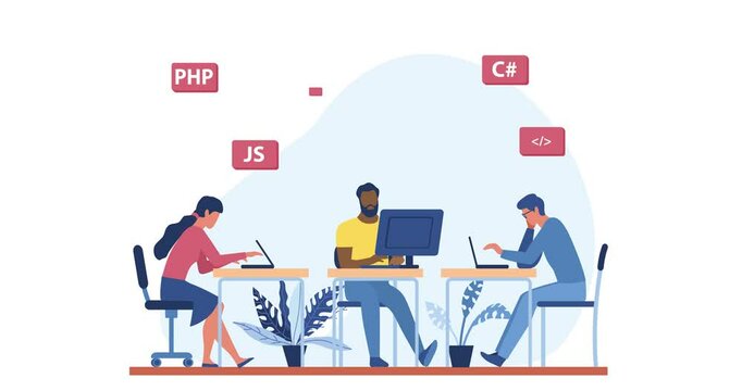Software development. Moving banner with team of programmers developing application or writing code for program and digital product. Information Technology. Flat graphic animated cartoon