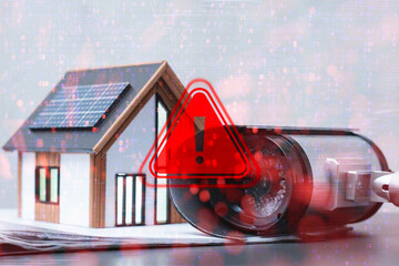 Red alert triangle over security camera, binary code overlay, and smart home in background. Concept of surveillance vulnerability, data privacy threats, and cyber attack.