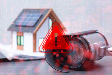 Red alert triangle over security camera, binary code overlay, and smart home in background. Concept of surveillance vulnerability, data privacy threats, and cyber attack. © vadish