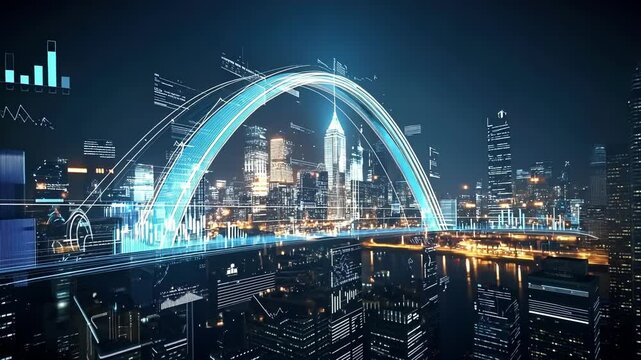 A shimmering holographic arch bridges two iconic buildings displaying a timeline of interest rate changes while figures beneath enact the direct consequences on financial decisions.