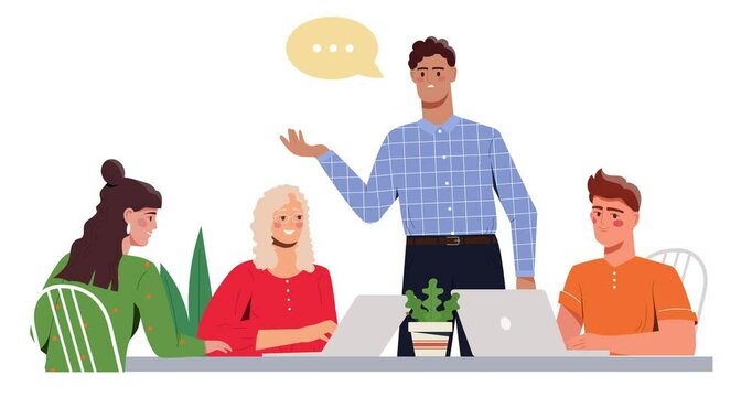 Teamwork and cooperation. Moving banner with office workers and managers sitting at their workplace discussing new project and tasks. Collaboration and partnership. Flat graphic animated cartoon