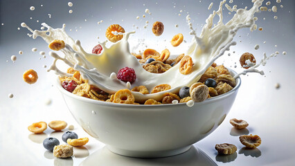 A bowl of cereal with milk splashing and berries and pieces of cereal flying in the air around it