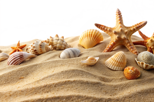 Assortment of seashells and starfishes resting on textured sand isolated on a transparent background