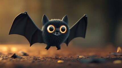 Fototapeta premium A cute fluffy cartoon bat with big eyes flying in the air