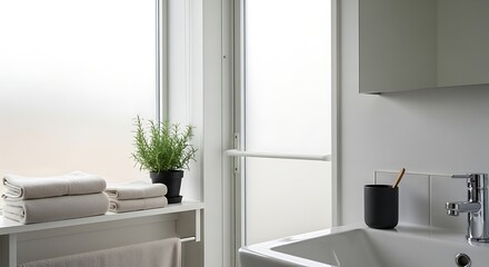 A close-up of a minimalist bathroom setting featuring soft, folded white towels, a neutral-toned ceramic tumbler, and a small plant, conveying a sense of cleanliness, wellness, and simple elegance.