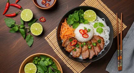 Delicious Vietnamese Rice Noodle Bowl with Grilled Meat, Fresh Herbs, and Colorful Vegetables on Wooden Table