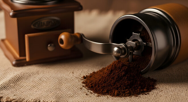 An antique coffee grinder spills freshly ground coffee beans onto a textured burlap sack, offering a warm, rustic feel.