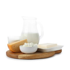 Different fresh dairy products isolated on white